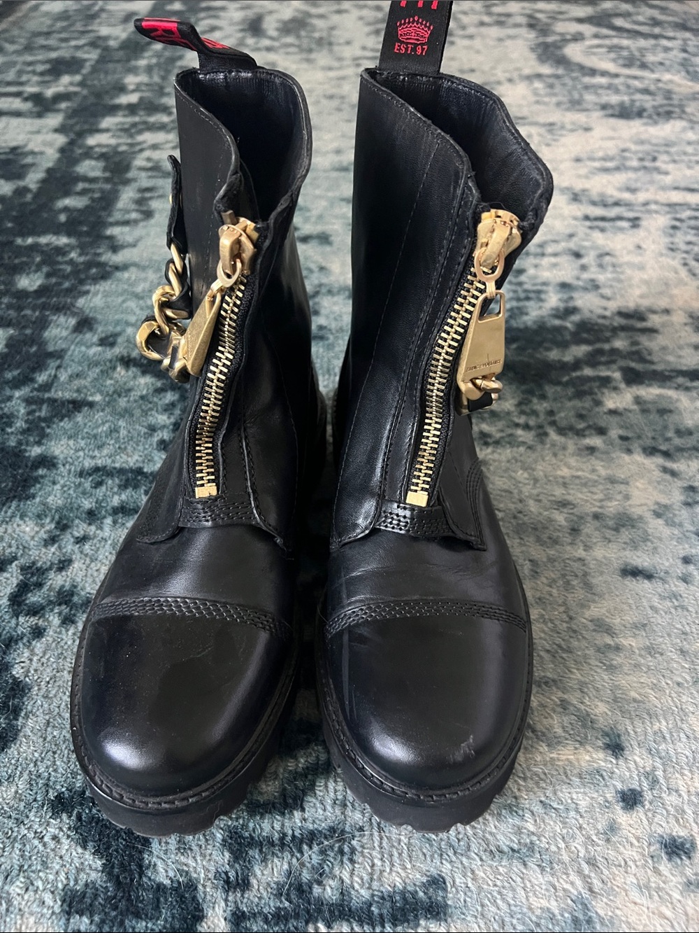 Zadig & Voltaire Black Leather Combat Boots with Gold Hardware